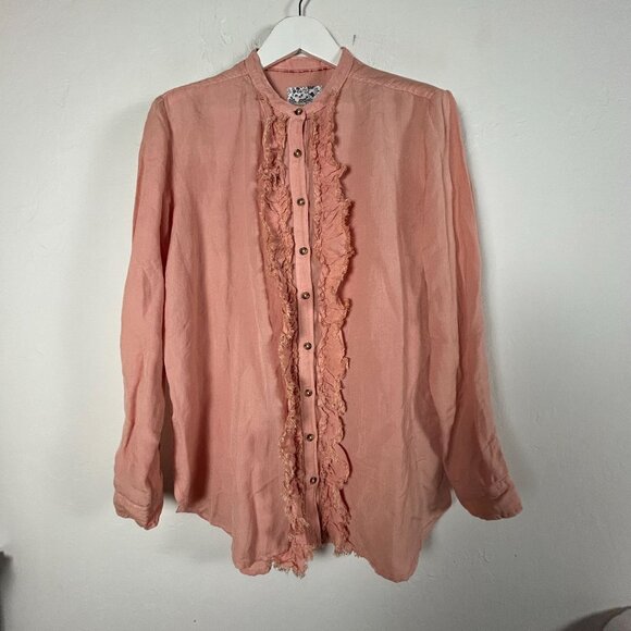 Pilcro Women Pink Linen Blend Long Sleeve Button-Up Ruffle Trim Shirt Large NOWT - Picture 1 of 8